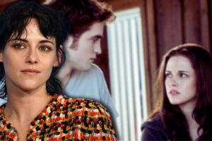 Kristen Stewart in primo piano e una scena di Twilight